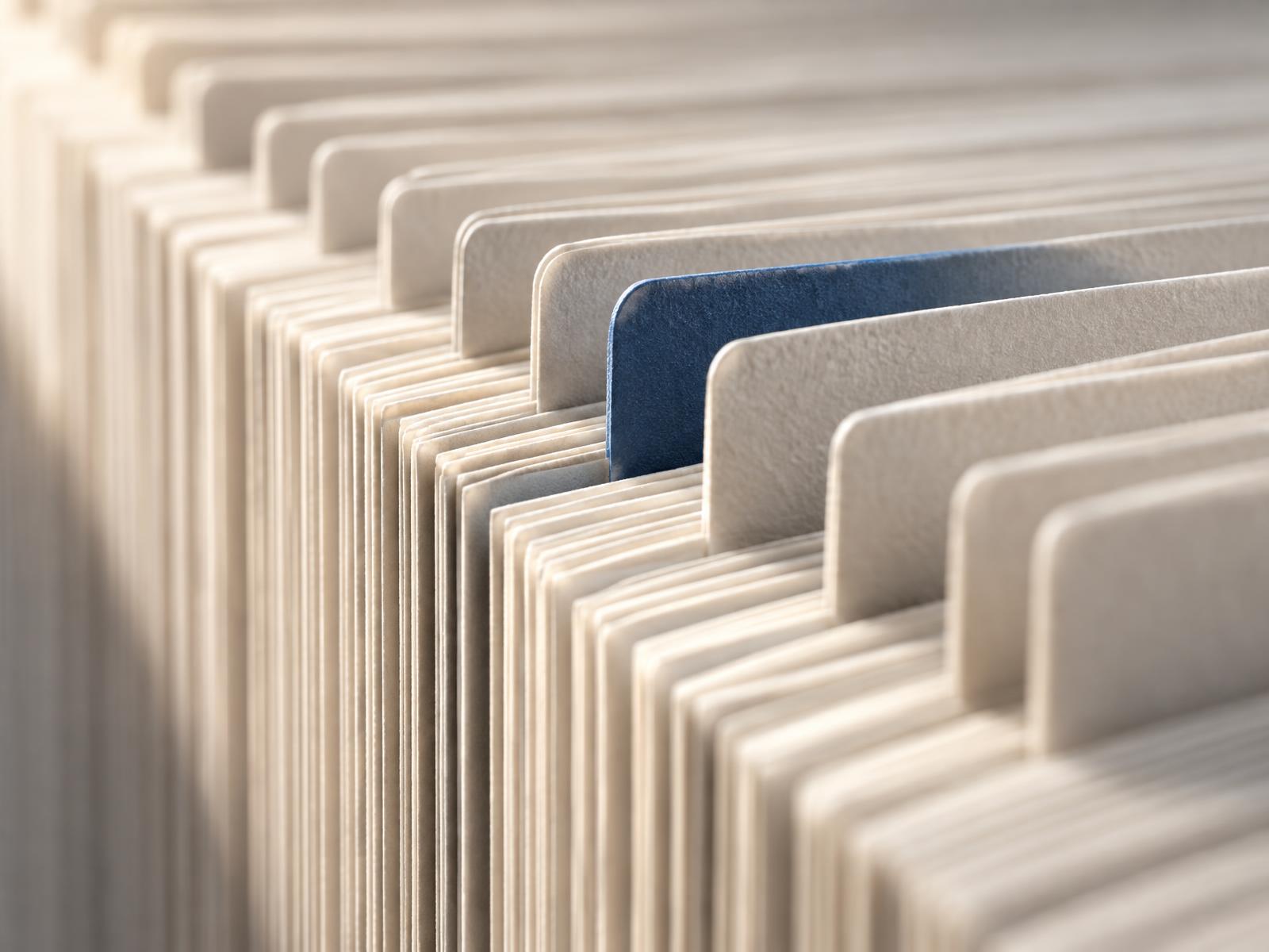 A long row of neatly aligned document dividers with one blue divider standing out
